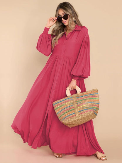 Women's Maxi Shirt Dress Button Down Long Sleeve Casual Flowy A-line Long Dress