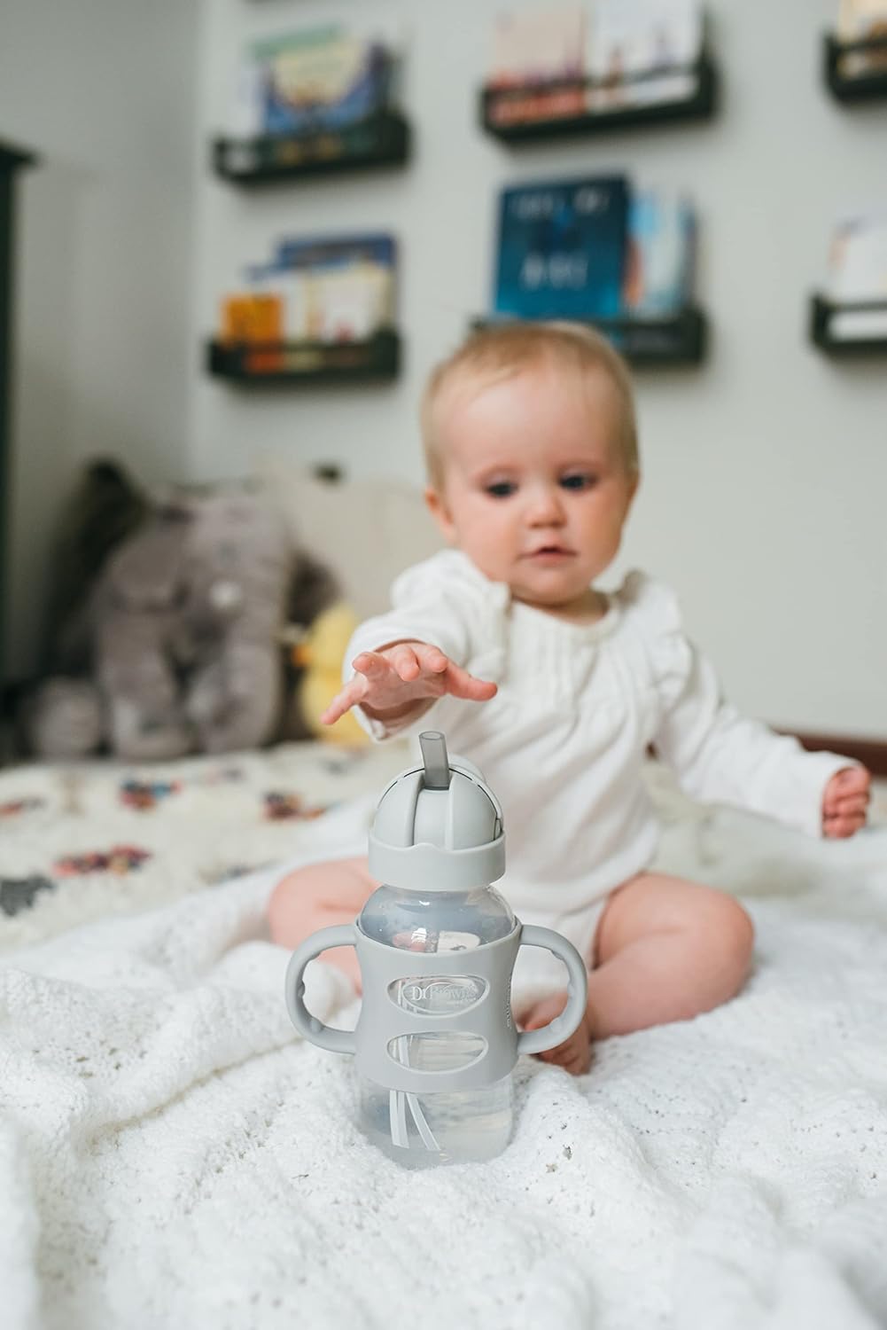 Dr. Brown’s® Milestones™ Narrow Sippy Straw Bottle with 100% Silicone Handles, 8oz/250mL, Gray & Blue, 2 Pack, 6m+