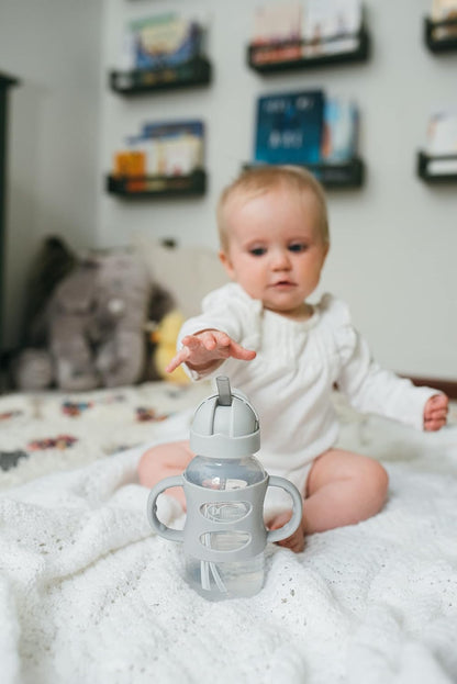 Dr. Brown’s® Milestones™ Narrow Sippy Straw Bottle with 100% Silicone Handles, 8oz/250mL, Gray & Blue, 2 Pack, 6m+