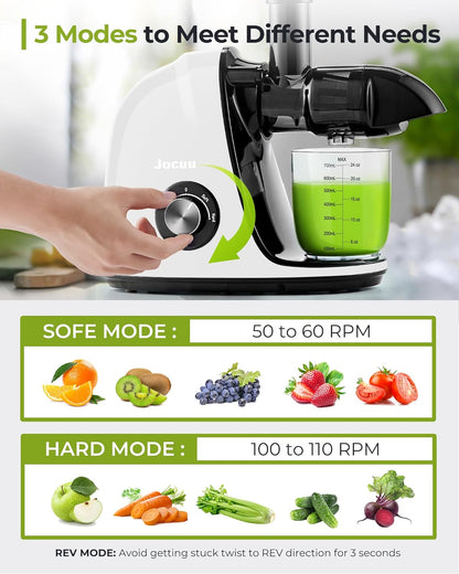 Jocuu Slow Masticating Juicer with Soft/Hard Modes Easy to Clean Quiet Motor & Reverse Function, Cold Press Juicer for Fruit & Vegetable, 90% Juice Yield, with Brush & Recipes (Gray)