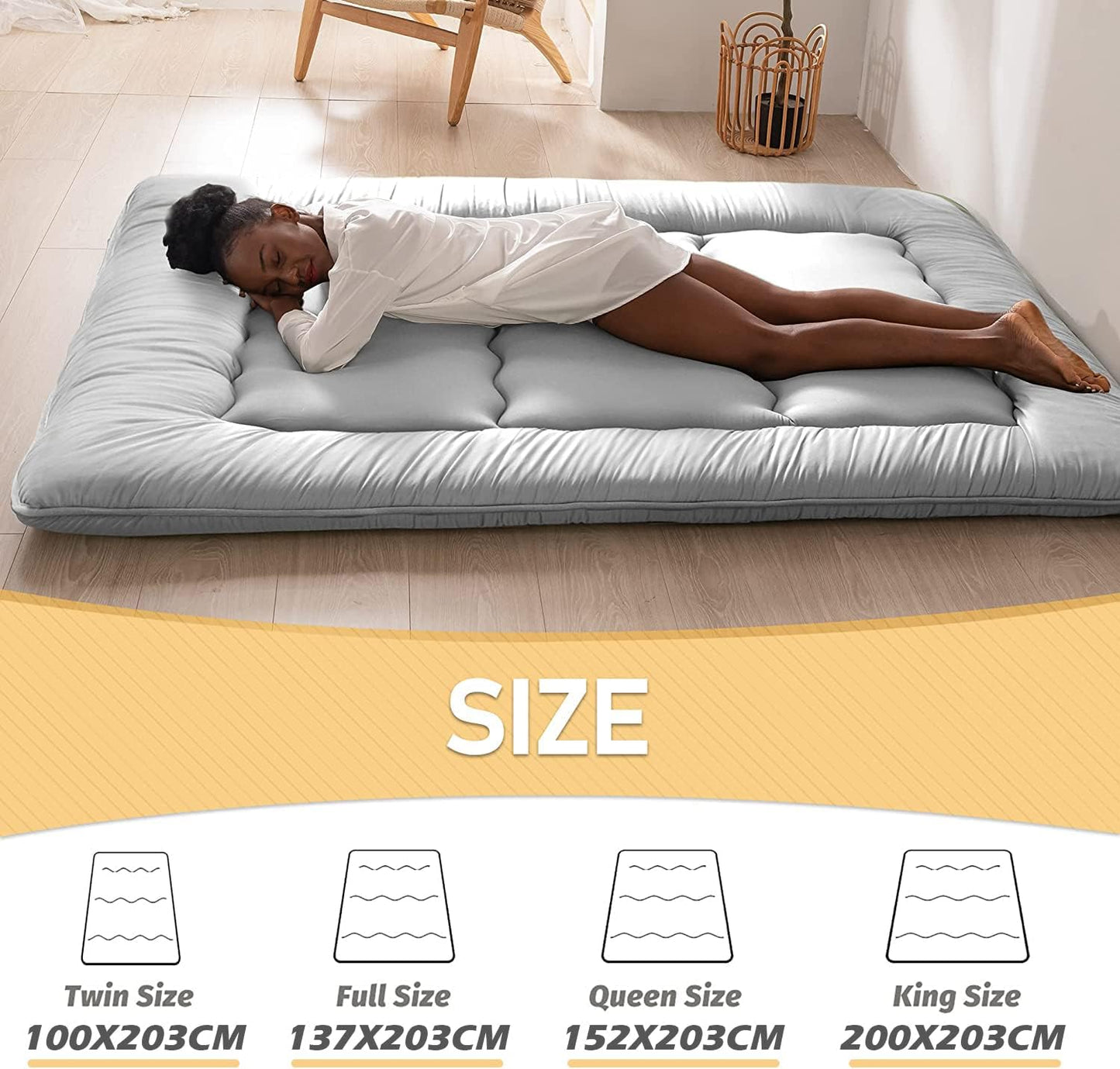 LIODUX Japanese Floor Mattress Futon Mattress, Thicken Daybed Futon Sleeping Pad Foldable Roll Up Mattress Boys Girls Dormitory Mattress Pad Kids Floor Lounger Bed Couches and Sofas (Grey, Twin)