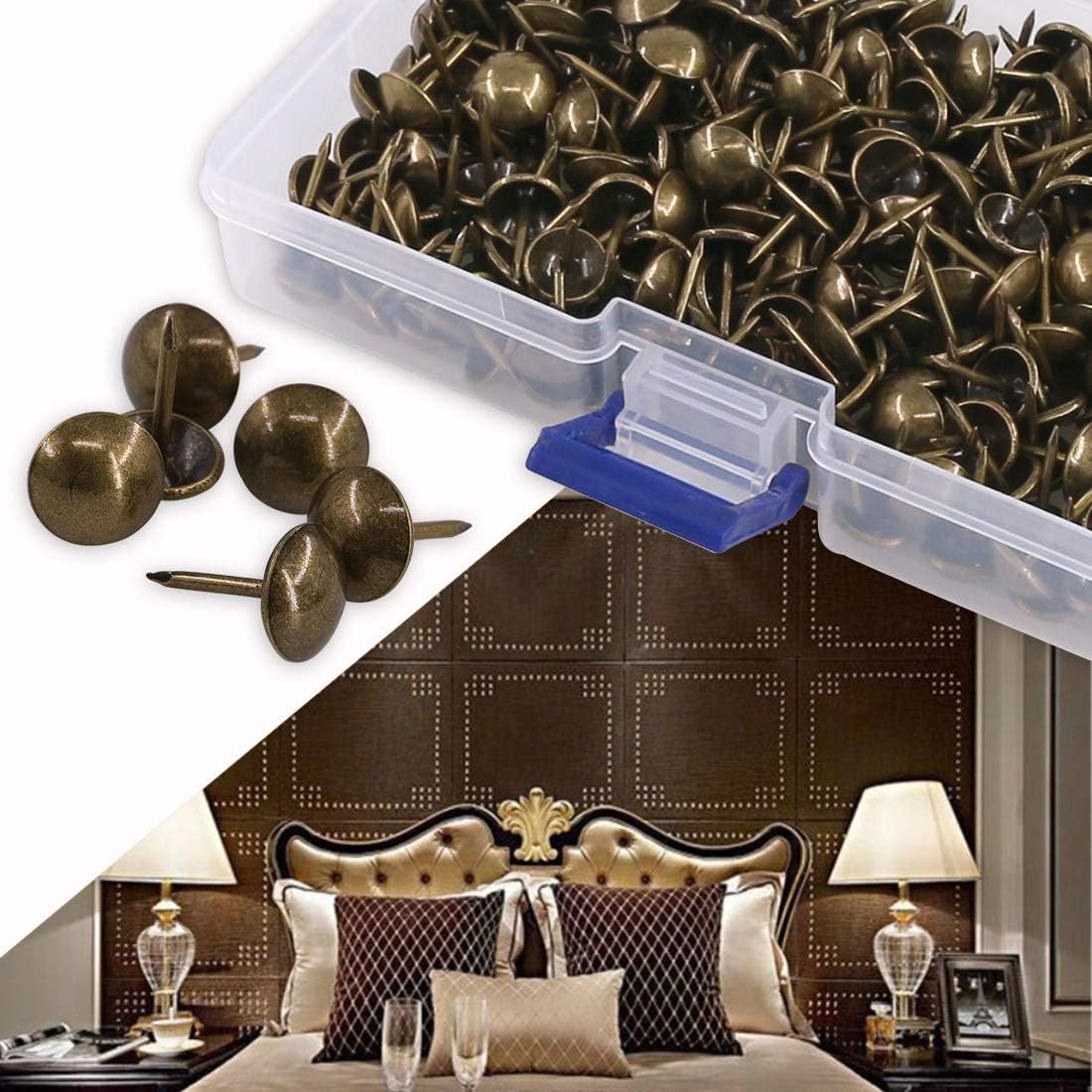 Rustark 200-Pcs 3/4'' (19×21mm) Antique Upholstery Decorative Tacks Furniture Sofa Thumb Tacks Nails Pins Assortment Kit for Upholstered Furniture Cork Board - Bronze