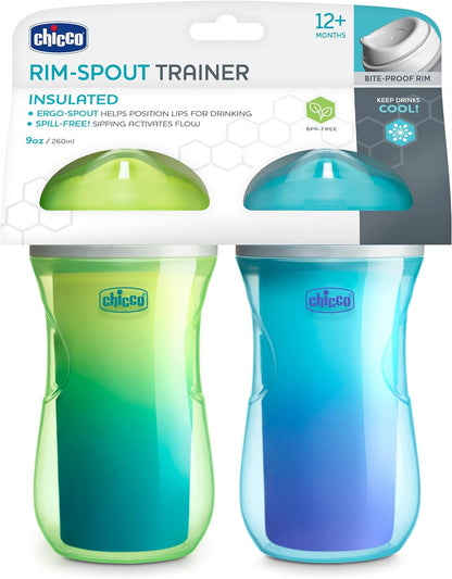 Chicco Insulated Rim Spout Trainer Spill-Free Baby Sippy Cup, 9 oz. in Green/Teal Ombre - Two Pack