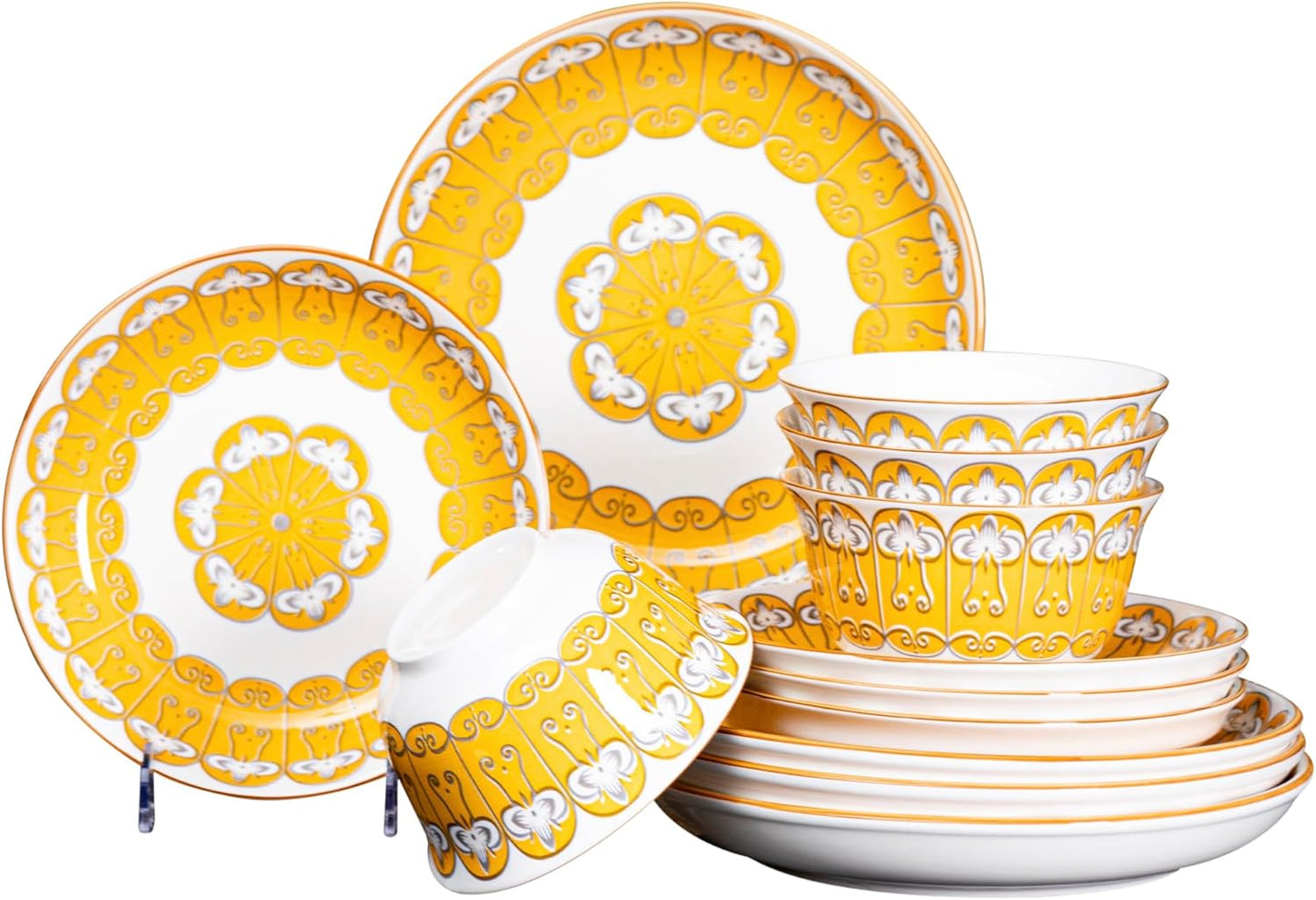 TechPlus 12-Piece Gold Pattern Ceramic Dinnerware Set - Includes 4x 10.2-Inch Plates, 4x 8-Inch Plates, 4x 5.5-Inch Bowls | Microwave & Dishwasher Safe | Stylish Tableware Set for Elegant Dining