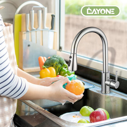 DAYONE Chrome Kitchen Faucet with Pull Down Sprayer, Single Handle Kitchen Mixer with 3 Water Modes Stainless Steel Kitchen Taps