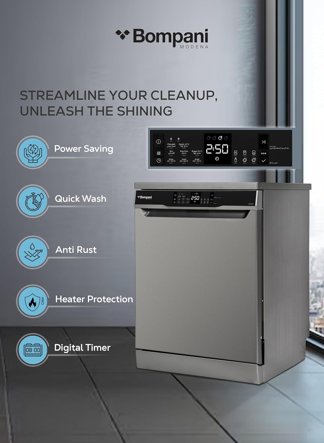 Bompani 15-Place Setting Dishwasher - Premium Inox Finish, Turbo Fan, 8 Programs, LED Display, Overflow Protection, 4-Star Energy Rating, One-Year Warranty - BO5021ST Silver