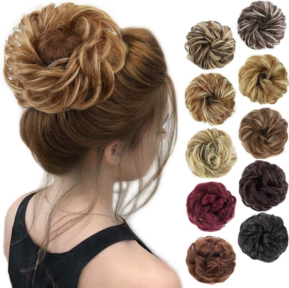 MORICA 1PCS Messy Hair Bun Hair Scrunchies Extension Curly Wavy Messy Synthetic Chignon for Women (12AH613(Light Golden Brown & Lightest Blonde))