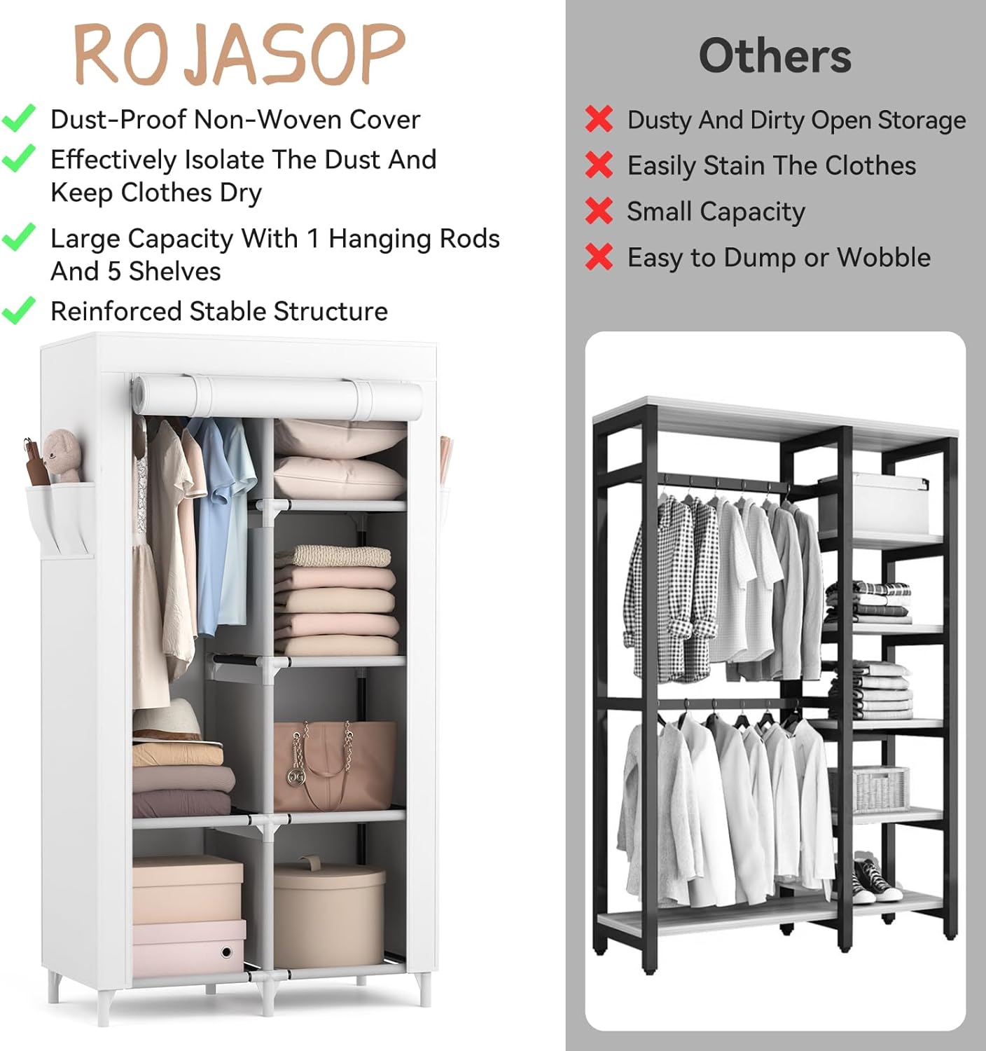 ROJASOP Portable Closet Wardrobe Closet for Hanging Clothes with 6 Storage Shelves, 1 Hanging Rod and 4 Pockets, Free Standing Closet Clothes Organizer for Bedroom, Sturdy and Easy Assemble