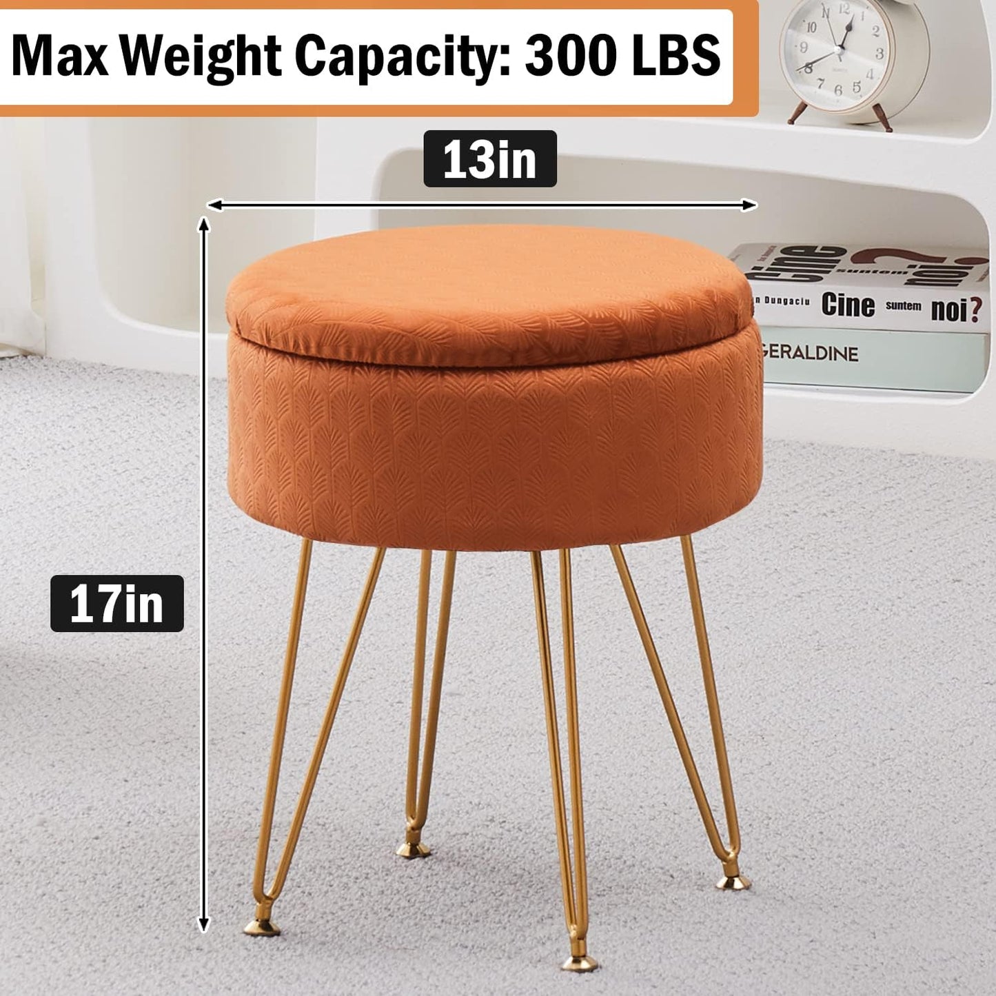 Cpintltr Footrest Footstools Round Velvet Ottoman with Storage Space Soft Vanity Chair with Memory Foam Seat Small Side Table Hallway Step Stool 4 Gold Metal Legs with Adjustable Footings Champagne