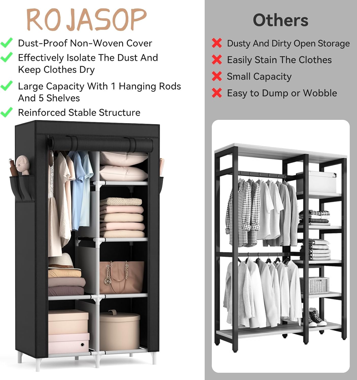 ROJASOP Portable Closet Wardrobe Closet for Hanging Clothes with 6 Storage Shelves, 1 Hanging Rod and 4 Pockets, Free Standing Closet Clothes Organizer for Bedroom, Sturdy and Easy Assemble