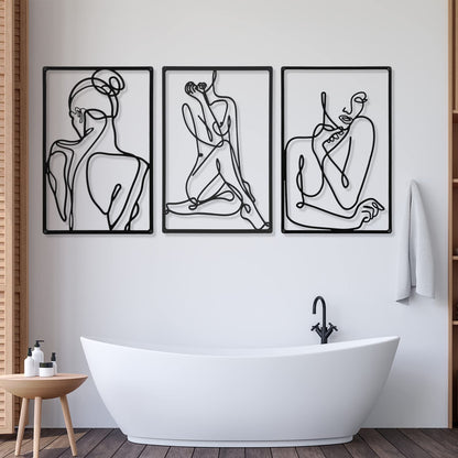 CHENGU 3 Pieces Metal Minimalist Abstract Woman Wall Art Line Drawing Wall Art Decor Single Line Female Home Hanging Wall Art Decor for Kitchen Bathroom Living Room (Black, Hand)