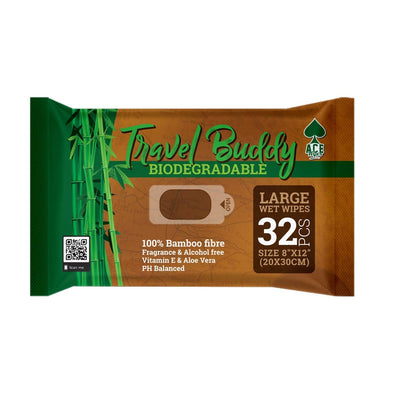 Ace Travel Buddy Large Body Wet Wipes Biodegradable - No Rinse Bath Or Shower Bamboo Wipe - Gym, Travel, Camping, Backpacking, Hiking, Pets, Festival Essentials/Accessories, 32 Wipes(8"X12"/20X30CM)