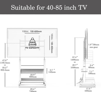 FITUEYES TV Stand with Wheels for 40 to 85 inch LED LCD Flat Screen, Corner TV Stand Mount with Storage, Peg Board & Wooden Shelf TV Console K-A207212WD