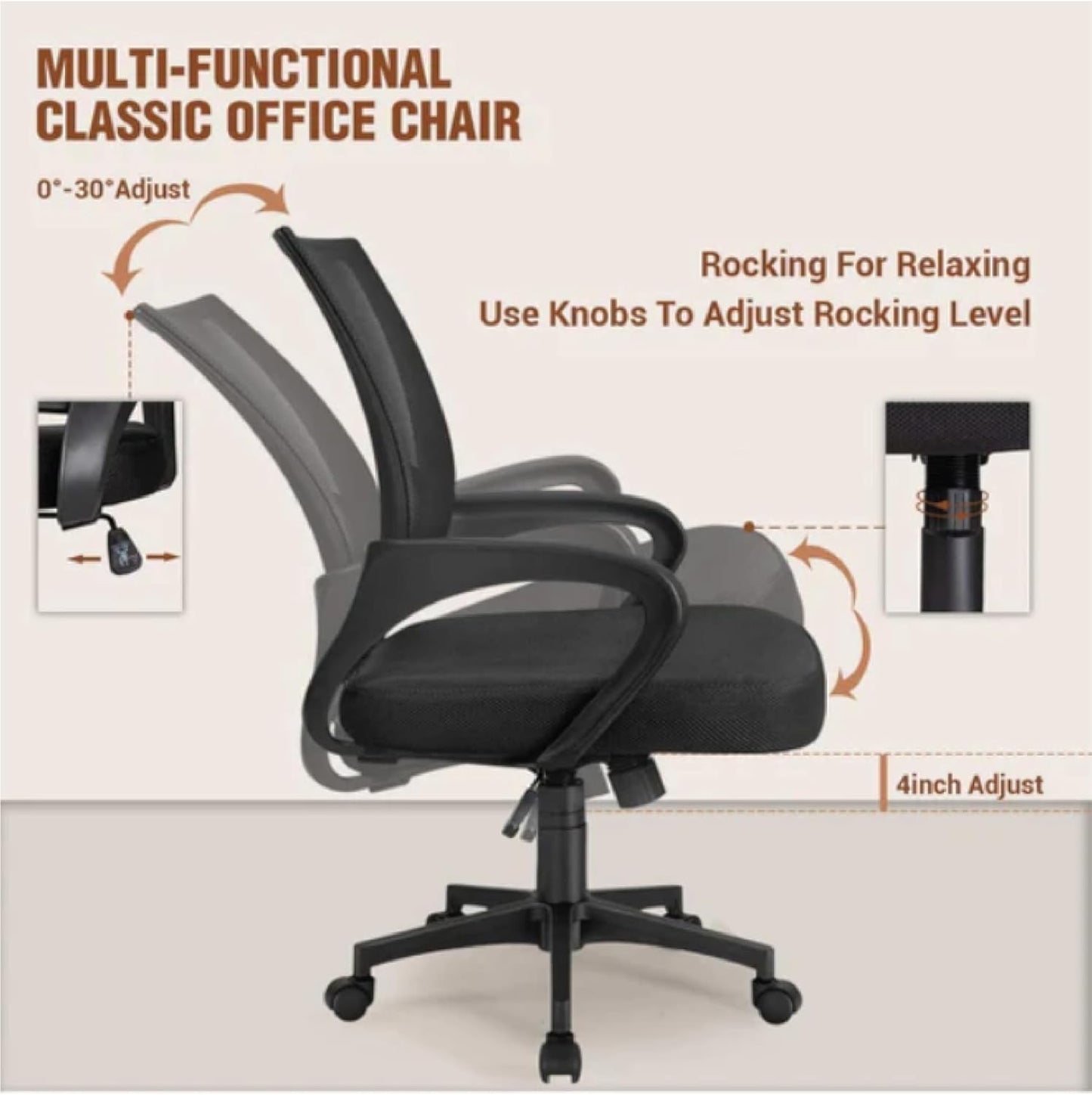 MULTIWOOD FURNITURE Ergonomic Mesh Office Chair - Height Adjustable Swivel Desk Chair with Lumbar Support, Ideal for Home, Study, and Computer Workstation