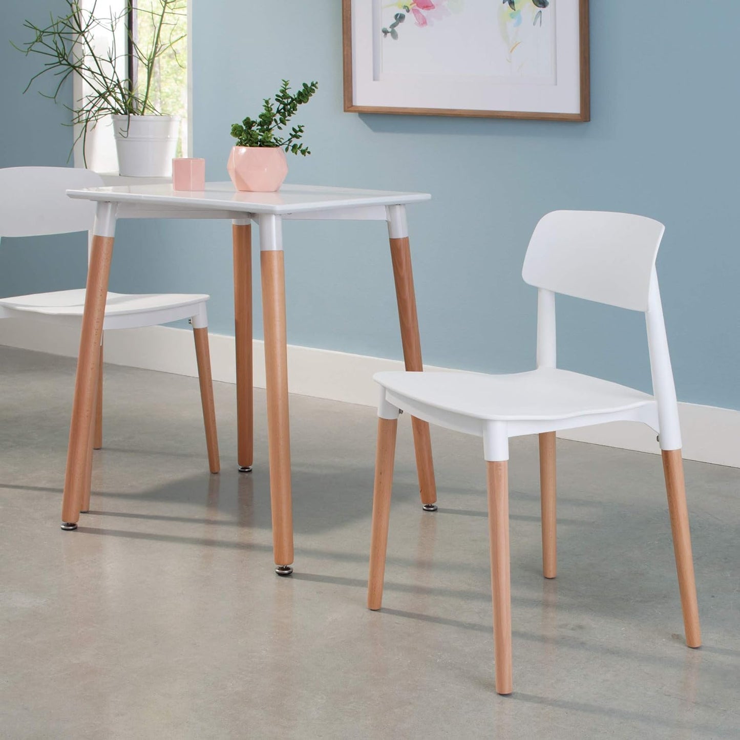 161 Collection by OFM Mid Century 4 Pack Modern 18" Plastic Molded Dining Chairs, Solid Natural Wood Legs, In White