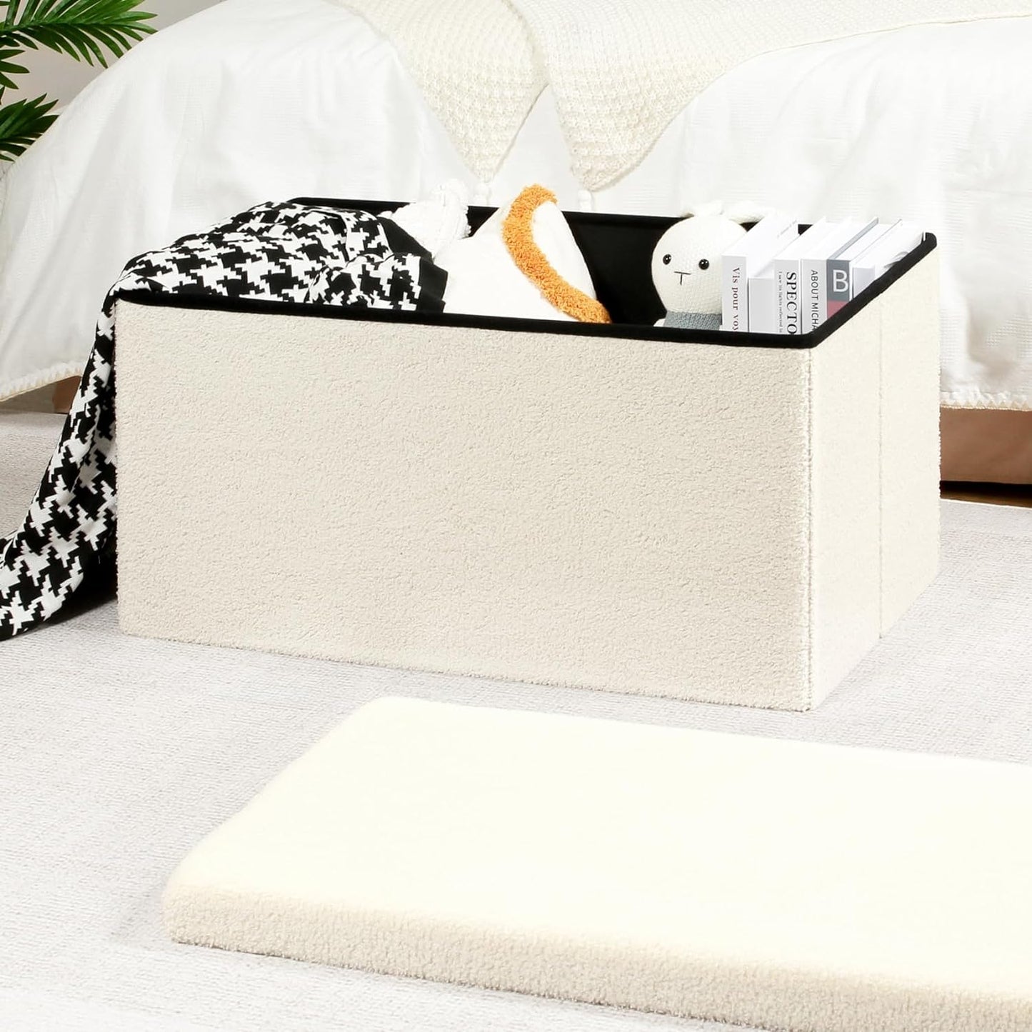 PINPLUS Storage Ottoman Foot Rest Stool, White Folding Sherpa Ottoman, Ottoman with Storage, Teddy Velvet Ottoman for Living Room, Bedroom, Dorm, 16.5" x 12.6" x 12.6"