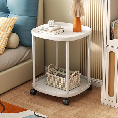 TAME End Table, 2 Tier Side Table for Living Room, Folding Round Plastic End Table Small Nightstand Accent Side Table with Wheels, Portable Side Table for Bedroom Kitchen Sofa (white)