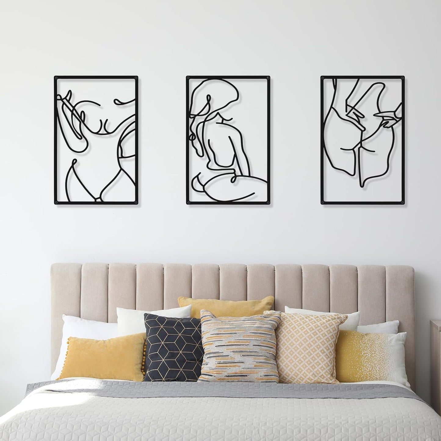 CHENGU 3 Pieces Metal Minimalist Abstract Woman Wall Art Line Drawing Wall Art Decor Single Line Female Home Hanging Wall Art Decor for Kitchen Bathroom Living Room (Black, Hand)