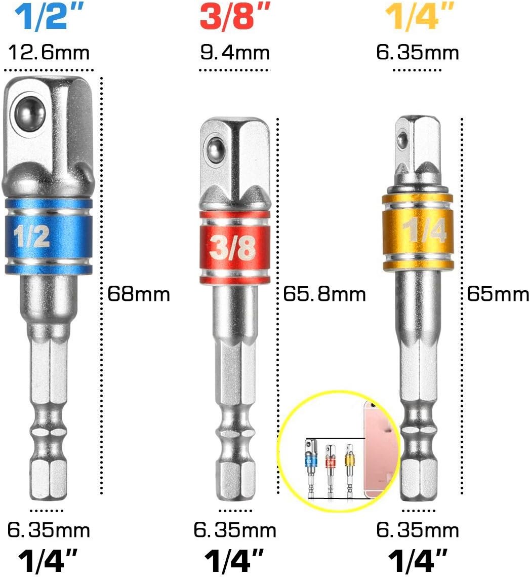 Impact Grade Power Hand Tools Driver Sockets Adapter Extension Set,3pc Hex Shank Drill Nut Driver Bit Set+(Gift) Right Angle Drill,105 Degree Right Angle Driver Extension Screwdriver Drill Attachment