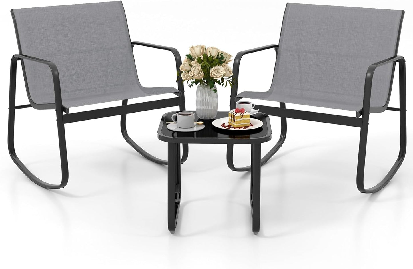 DWVO 3 Piece Patio Furniture Set Outdoor Textilene Bistro Set Modern Porch Furniture Patio Chairs Set of 2 with Coffee Table for Backyard, Lawn, Garden, Balcony, Poolside - Black