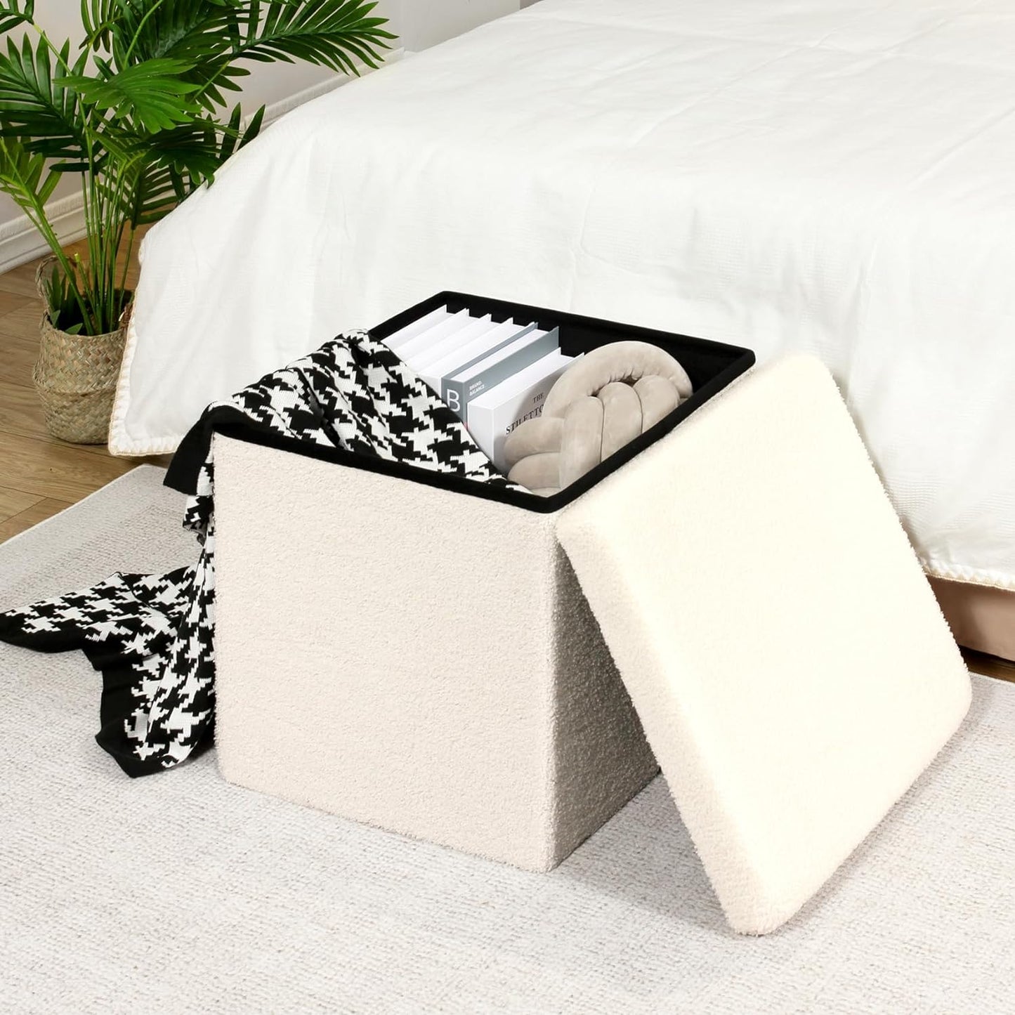 PINPLUS Storage Ottoman Foot Rest Stool, White Folding Sherpa Ottoman, Ottoman with Storage, Teddy Velvet Ottoman for Living Room, Bedroom, Dorm, 16.5" x 12.6" x 12.6"