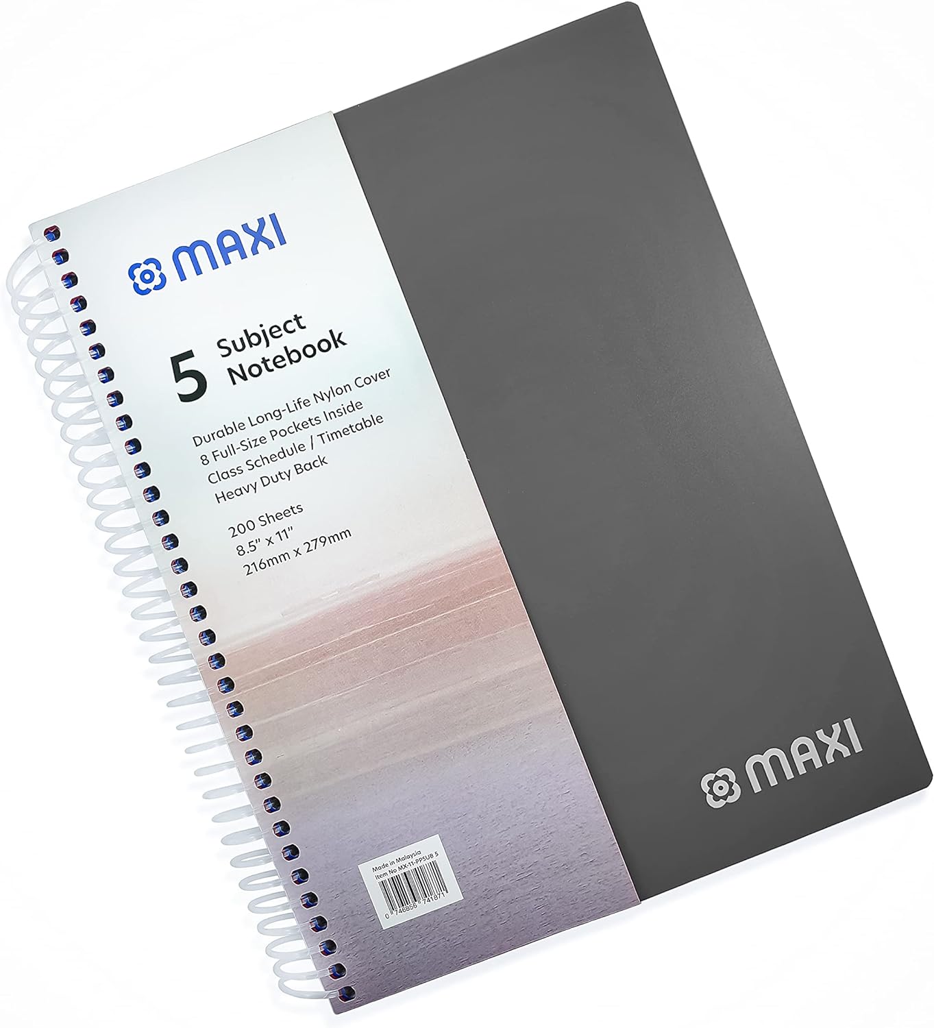 Maxi Spiral Polypropylene 5 Subject Notebook 12.5 cm X 21.6 cm 200 Sheets, Assorted, Ppsub5