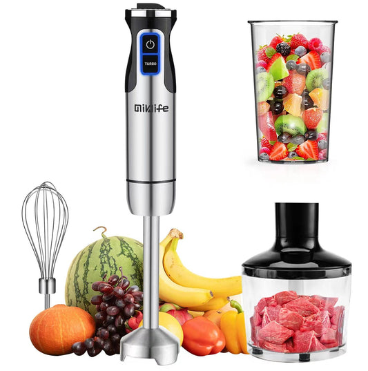 Miklife Hand Blender, Multifunctional 600W 4-in-1 Stick Mixer, 12-Speed, Stainless Steel, Titanium Plated Blade, includes 600ml Mixing Beaker, 860ml Chopper, Whisk Attachment