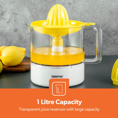 Geepas Portable Citrus Juicer Set Non Slip Feet Transparent Lid Plastic Body Effortless Juicer with 2 Cones Bi-Direction Twist for Quick Nutritious Juices 1 L 25 W GCJ9900 Yellow/White