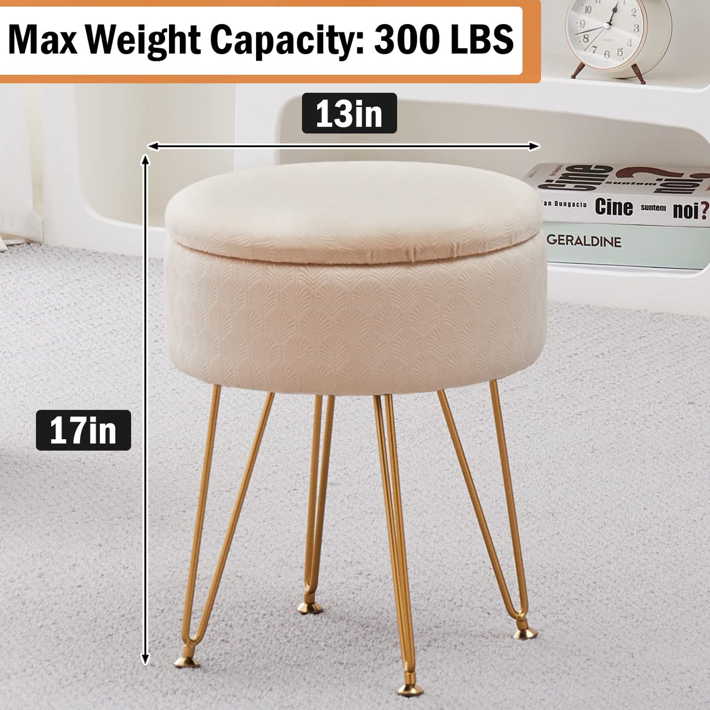 Cpintltr Footrest Footstools Round Velvet Ottoman with Storage Space Soft Vanity Chair with Memory Foam Seat Small Side Table Hallway Step Stool 4 Gold Metal Legs with Adjustable Footings Champagne