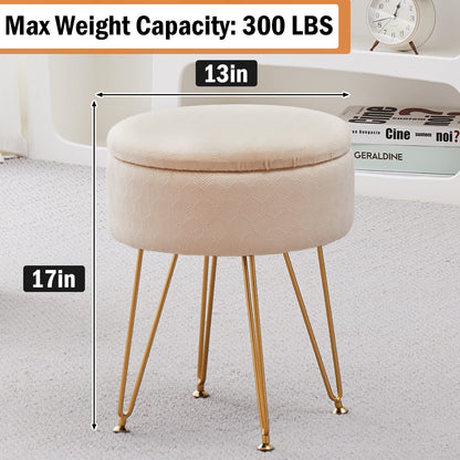 Cpintltr Footrest Footstools Round Velvet Ottoman with Storage Space Soft Vanity Chair with Memory Foam Seat Small Side Table Hallway Step Stool 4 Gold Metal Legs with Adjustable Footings Champagne