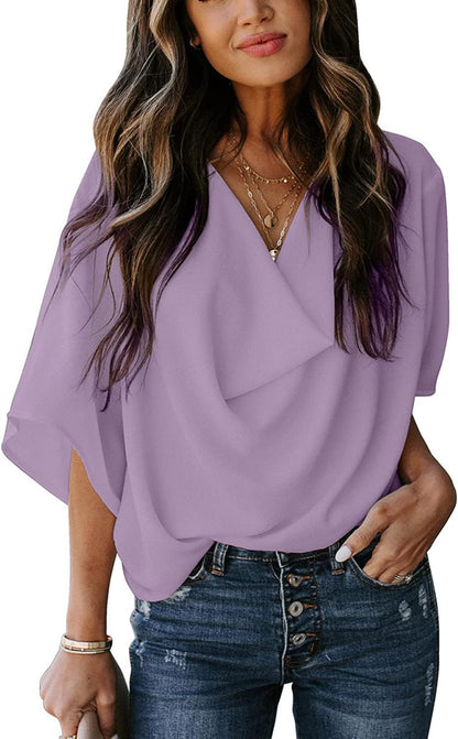 Womens Summer Short Sleeve Blouses Tops V Neckline Casual Chiffon Shirts and Tops Loose Fit Tunic T-Shirt Office Work Shirts for Women Ladies