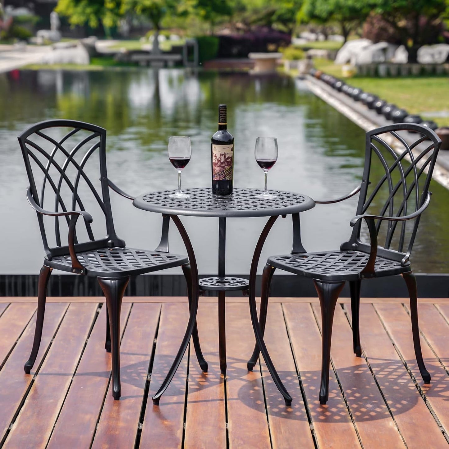 Withniture Bistro Table and Chairs Set of 2 Outdoor 3 Piece Bistro Sets Cast Aluminum Patio Bistro Set with Umbrella Hole, Patio Set for Garden, Black