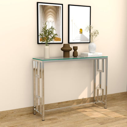 RIGID Console Table | Corner End Table with Stainless Steel Frame and Glass Top for Living Room, Office