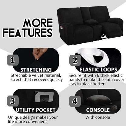 ULTICOR Reclining Loveseat with Middle Console Slipcover, 8-Piece Velvet Stretch Loveseat Reclining Sofa Covers, 2 seat Loveseat Recliner Cover, Thick, Soft, Washable, Loveseat Slipcovers (Dark Grey)