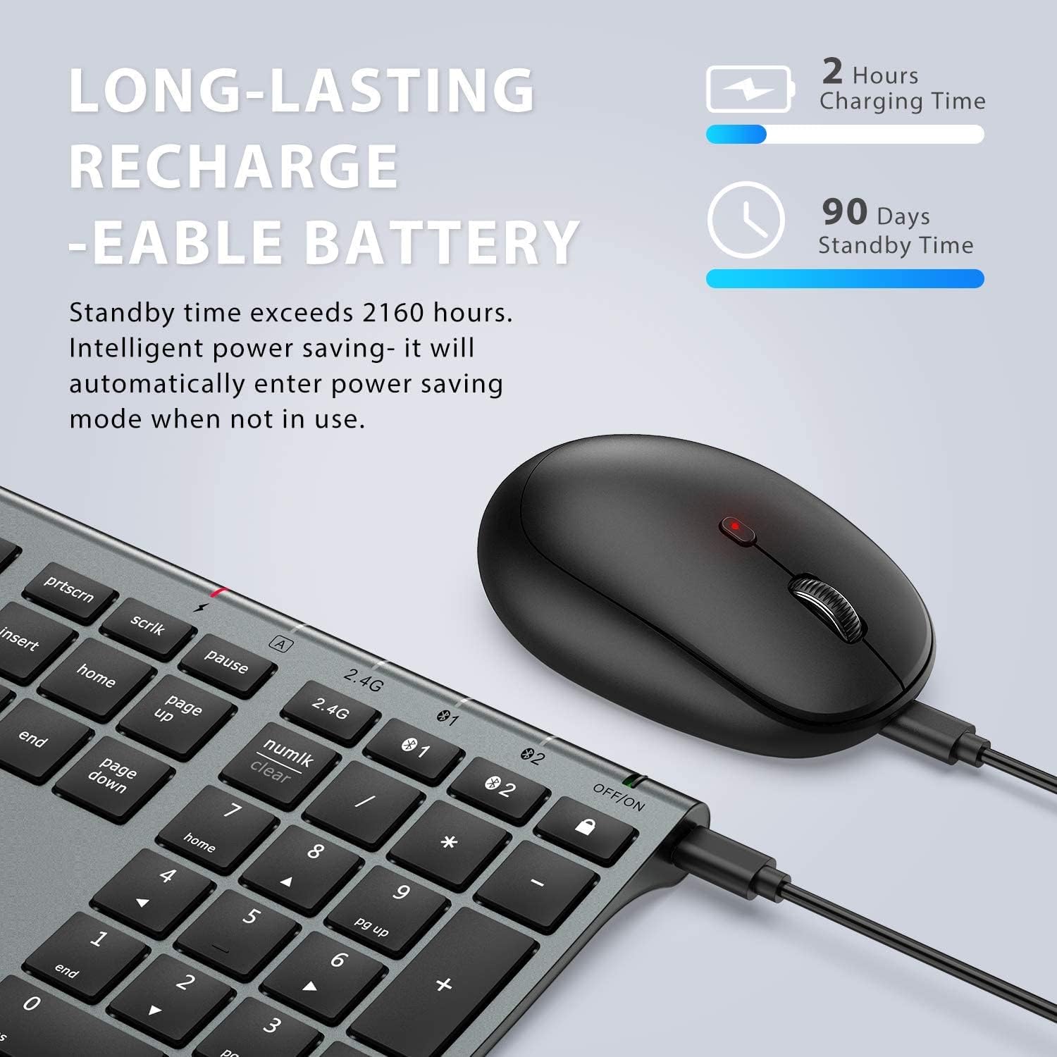 iClever Bluetooth Keyboard and Mouse Set DK03, Rechargeable Dual-Mode (Bluetooth + 2.4G) Wireless Keyboard and Mouse Set, Ultra-Slim Multi-Device Keyboard for Mac, iPad, Apple, Android, Win,Grey Black - CaveHubs