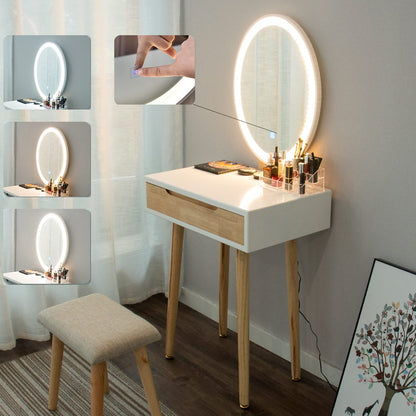 YU YUSING Dressing Table with Lighting, Dressing Table with LED Mirror Chair, Dressing Table, Cosmetic Table with Drawers, Stool Adjustable Brightness, Dressing Table, Vanity, Oak