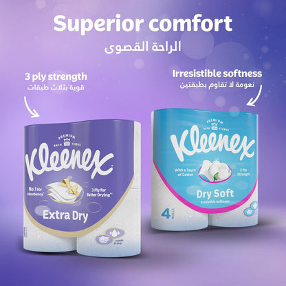 Kleenex Extra Dry Toilet Tissue Paper, 3 PLY, 12 Rolls x 160 Sheets, Embossed Bathroom Tissue with Superior Absorbency