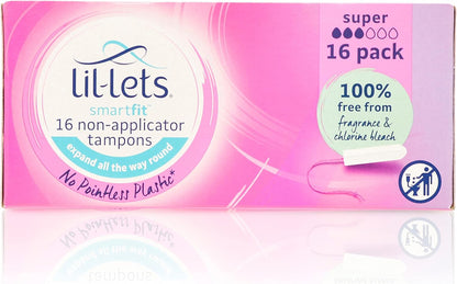 Lil-Lets Smart Fit Super Non-Applicator Tampons - 100% Plant Based Absorbent Core - Amazing Comfort - Perfect Leak Proof Protection - Super Smooth Application - Fragrance Free - 16 Units