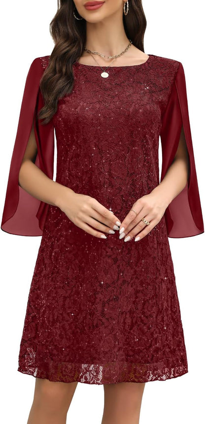 Wedding Guest Dresses for Women,Cocktail Dress,Dresses for Weddings as a Guest, Lace Chiffon Evening Dress