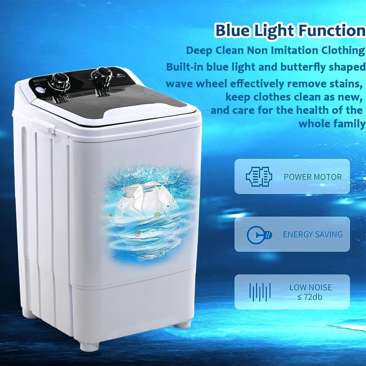 Washing Machine, 2 in 1 Portable Mini Washing Machine, Semi-automatic Washing Machine with Blue Light, 7Kg Capacity for Camping, Apartments, Dorms, College Rooms, RV’s