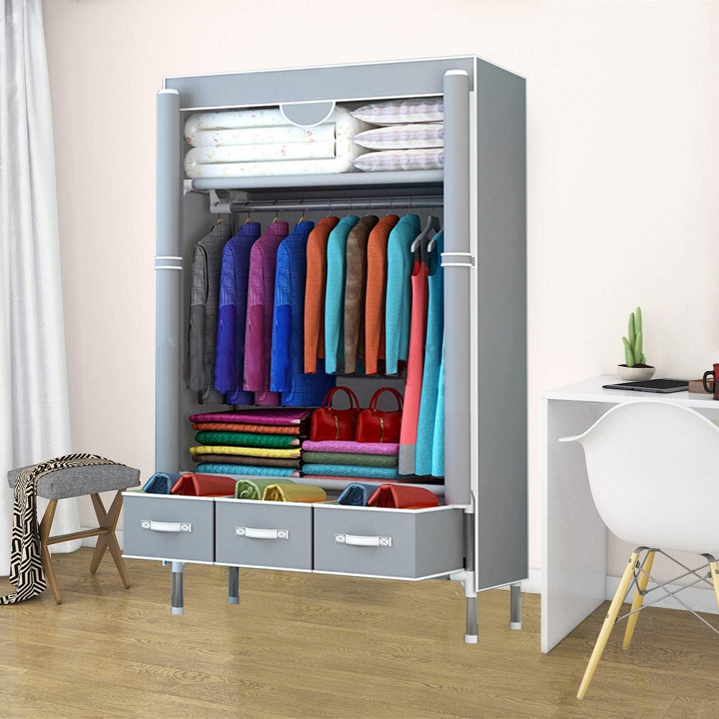 Gluckluz Fabric Wardrobe Clothes Storage Closet with Three Drawer Zipper Foldable Non-Woven Cover Hanging Rod Freestanding Canvas Garment Organizer Rack for Bedroom Home