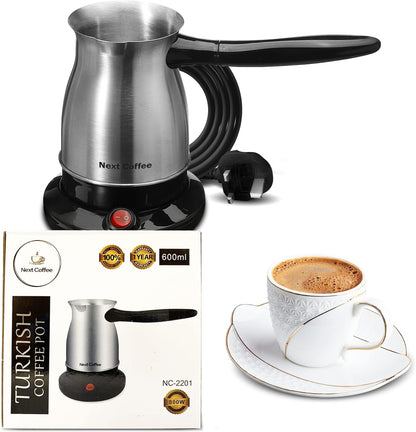 Electric Turkish Coffee Maker Machine 800W Pot Warmer Kettle Premium Quality Stainless Steel 600 ML,5 Cup Capacity Cool Handle,1 Year Warranty