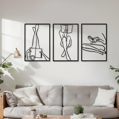 CHENGU 3 Pieces Metal Minimalist Abstract Woman Wall Art Line Drawing Wall Art Decor Single Line Female Home Hanging Wall Art Decor for Kitchen Bathroom Living Room (Black, Hand)