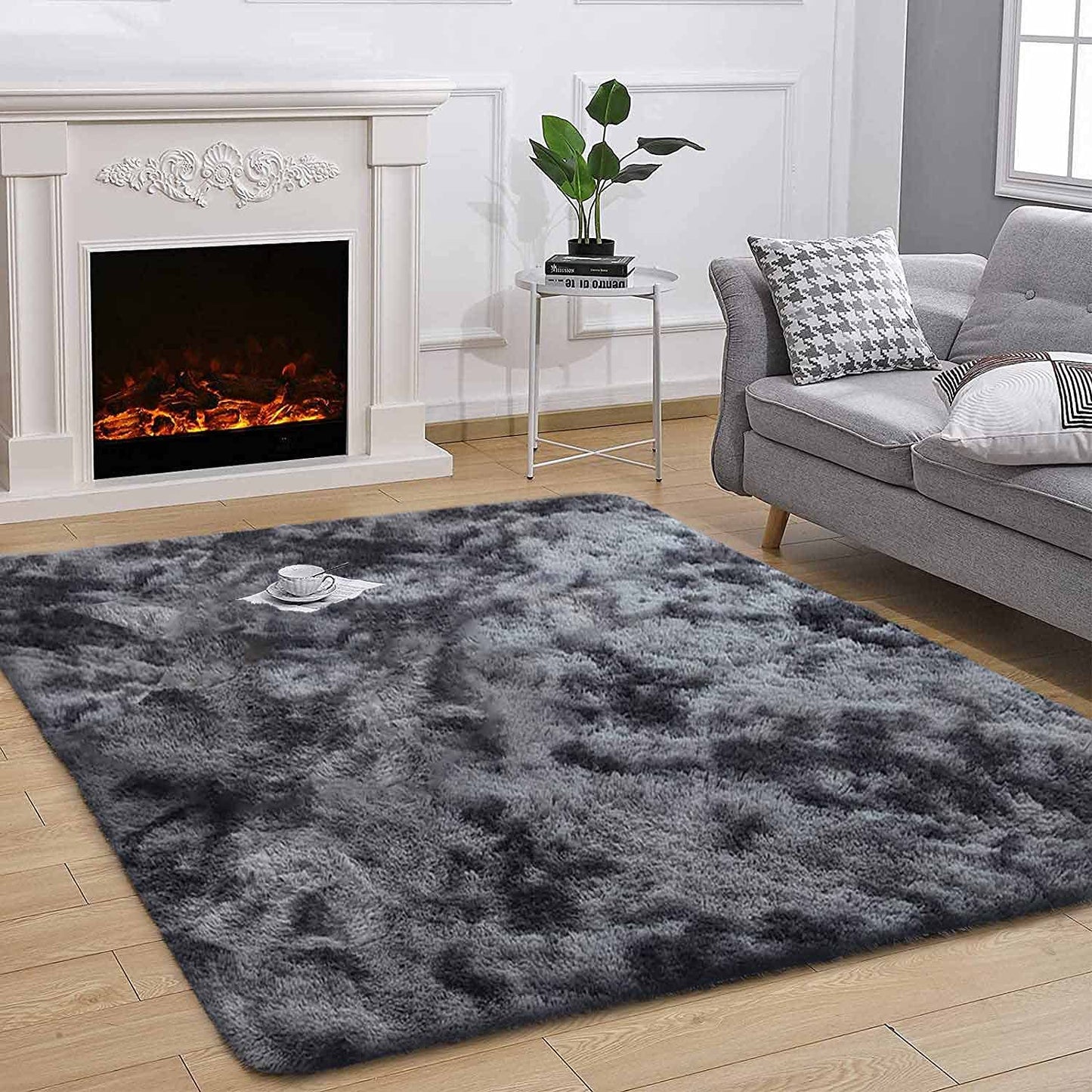 Leesentec Area Rugs Soft Fluffy Carpets For Living room Shaggy Rug Modern Area Rug For Bedroom Anti-Slip Rugs For Kids Room Indoor Home Decorative Carpet (Black Grey, 185 x 185 cm)