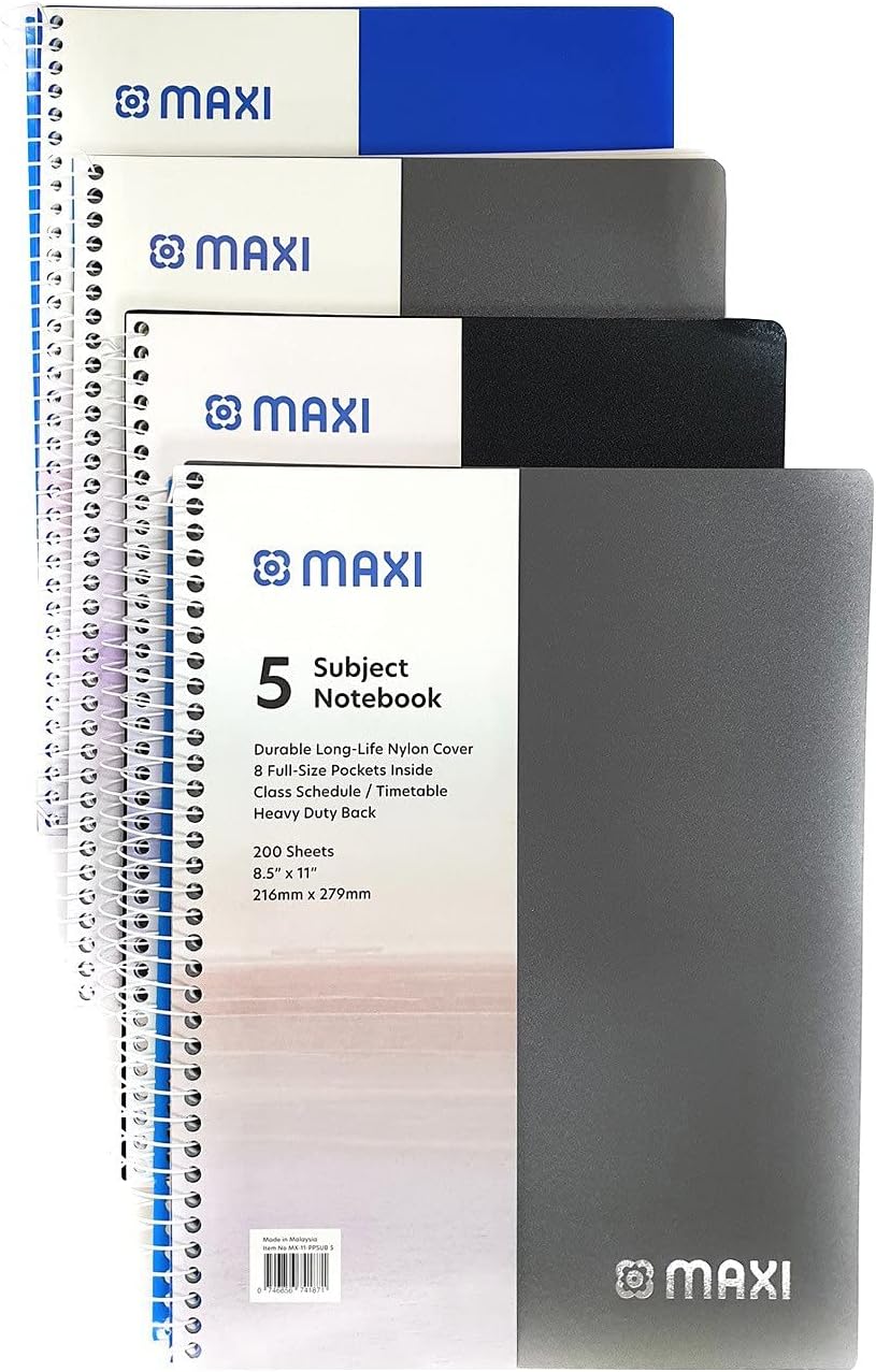 Maxi Spiral Polypropylene 5 Subject Notebook 12.5 cm X 21.6 cm 200 Sheets, Assorted, Ppsub5