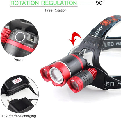 GAHELI Headlamps， 3 Led Headlamp Headlight Light Lantern Head Lamp Flashlight Zoomable Rechargeable 18650 Battery Hunting Fishing Lighting