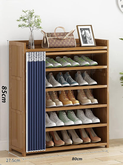 Wooden Shoe Rack, Shoe Cabinet with Dustproof Cover, Bamboo Free Standing Entryway Closed Shoes Organizer, Multi-Function Storage Shelf, Wood-Made Home House Office Furniture, Boots Stand (7.Tier)