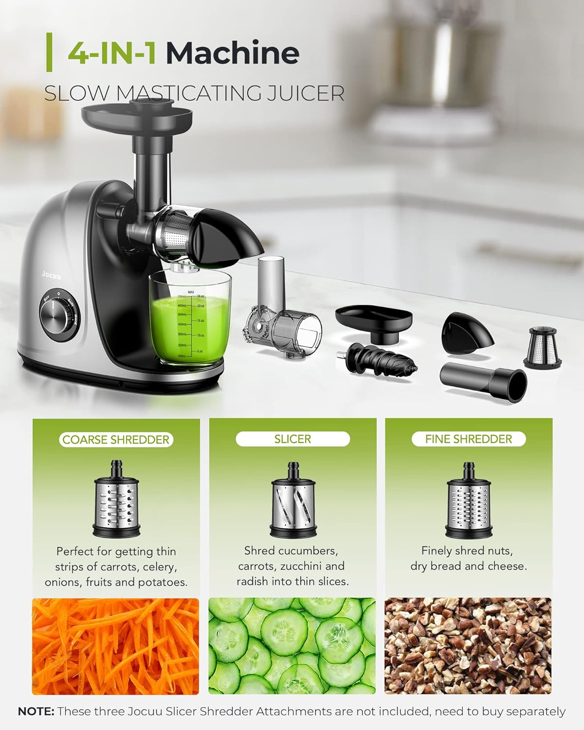 Jocuu Slow Masticating Juicer with Soft/Hard Modes Easy to Clean Quiet Motor & Reverse Function, Cold Press Juicer for Fruit & Vegetable, 90% Juice Yield, with Brush & Recipes (Gray)