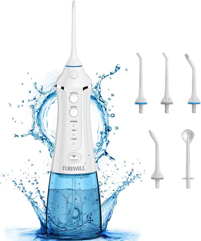 Water Flosser Cordless Dental Oral Irrigator - TUREWELL 300ML Portable and Rechargeable IPX7 Waterproof Teeth Cleaner, 2 Minutes Auto Shut-Off for Travel & Family Use