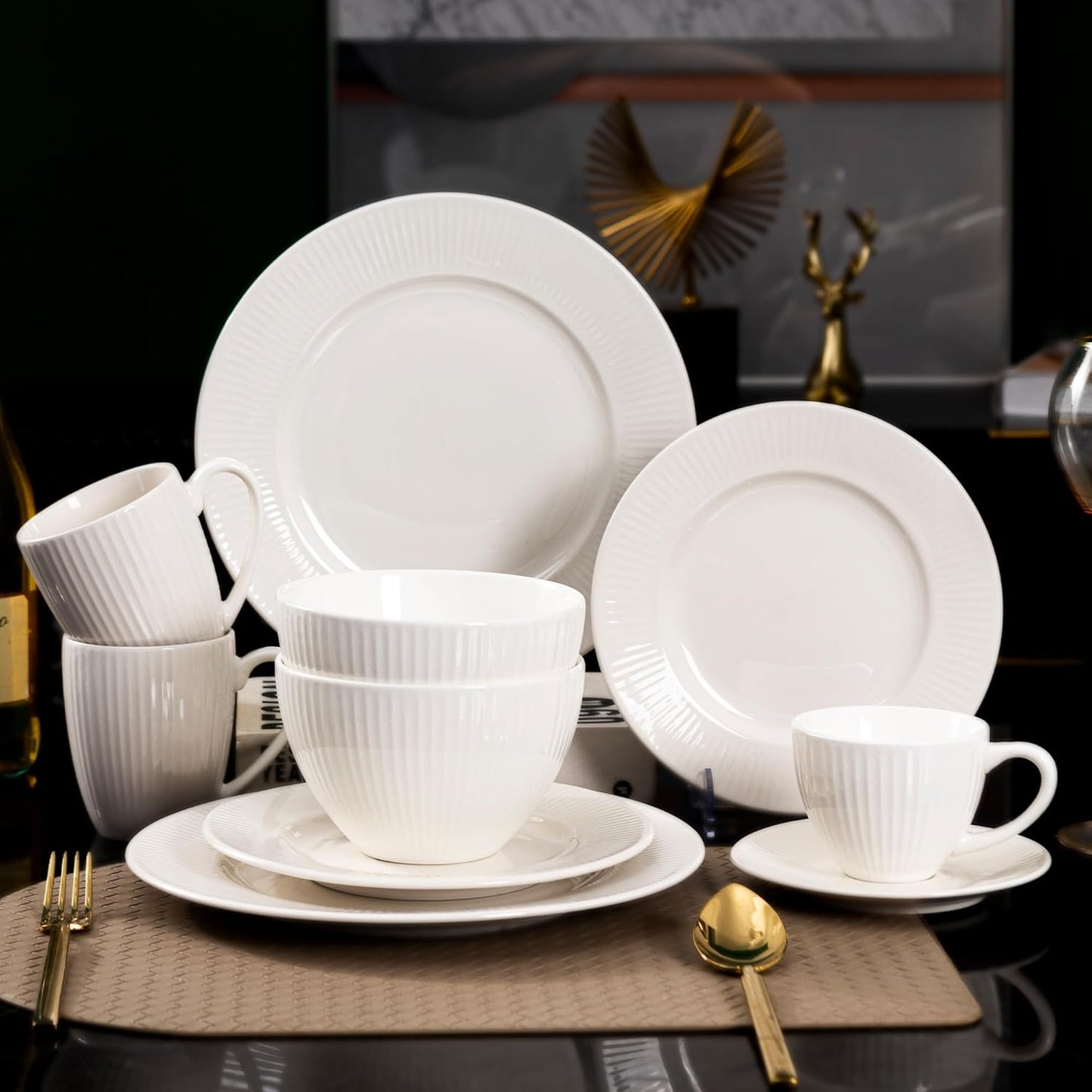 22-Piece White Ceramic Dinnerware & Coffee Set – 10.5 Inch & 8 Inch Plates, 6 Inch Coffee Saucers, 6 Inch Bowls, 12 oz Mugs, 7.3 oz Cups – Microwave, Dishwasher, Oven Safe – Modern Minimalist Tablewar